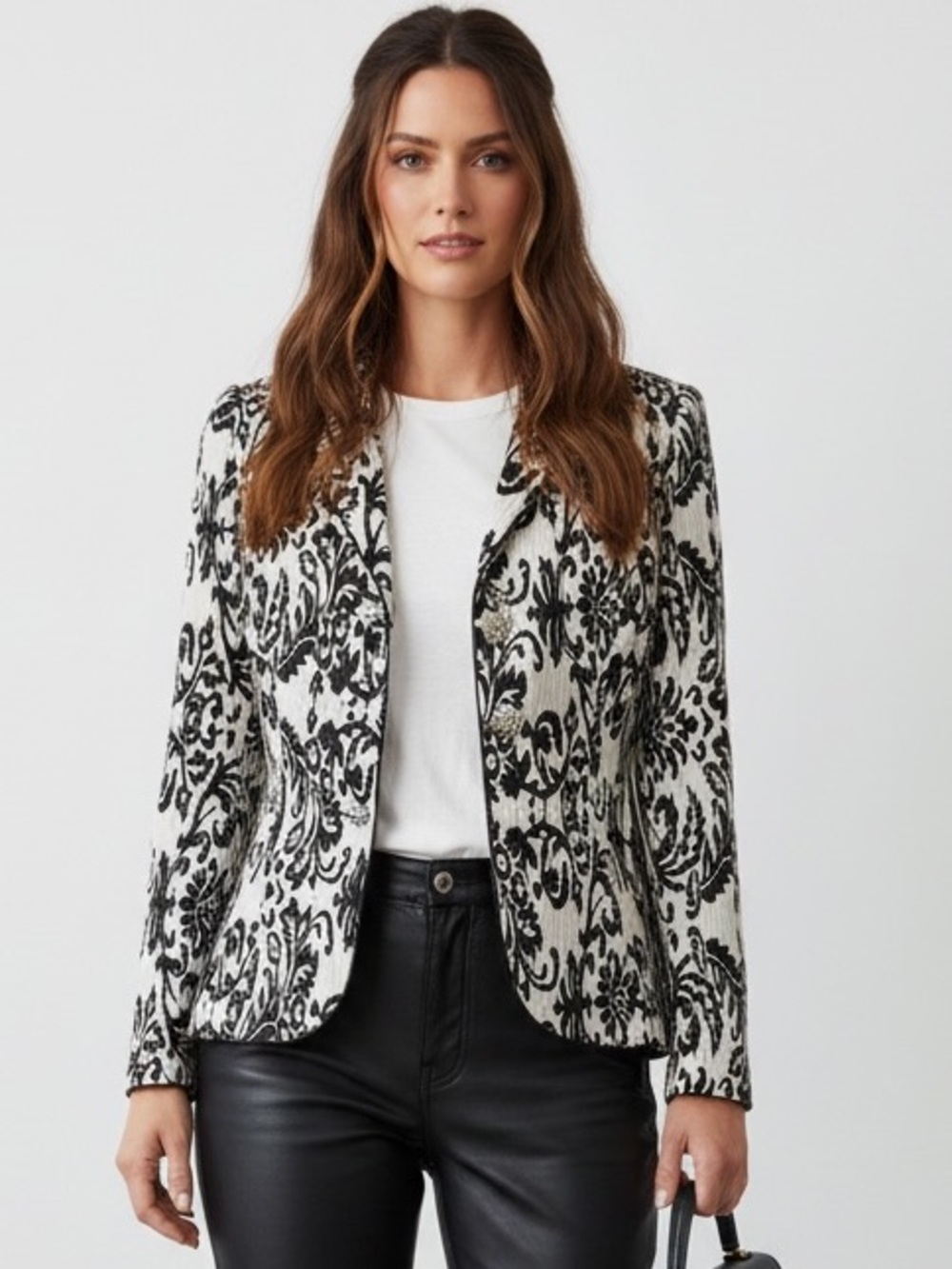 Vintage Jackie Jon Black White Damask Print Blazer Jeweled Buttons Sz 8